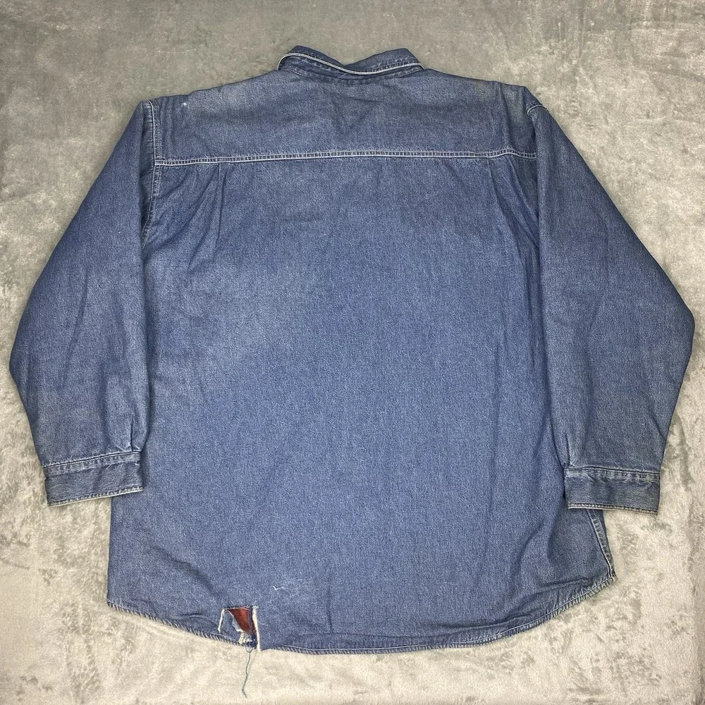 Vtg Stanley Denim Shirt Jacket Mens Sz XXL Blue Plaid Fleece Lined Work Thrashed